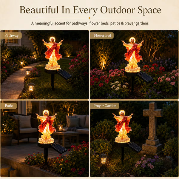 Four garden displays showing the Jesus statue beside a pathway, in a flower bed, near a patio, and in a prayer garden