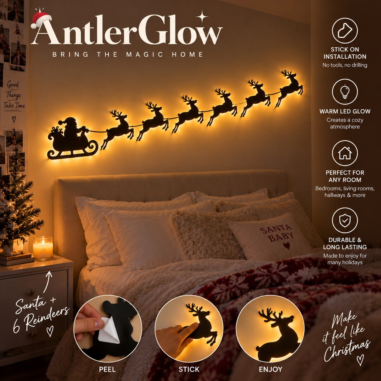 🦌 Santa Sleigh & 6 Reindeer LED Wall Display – Warm Christmas Glow