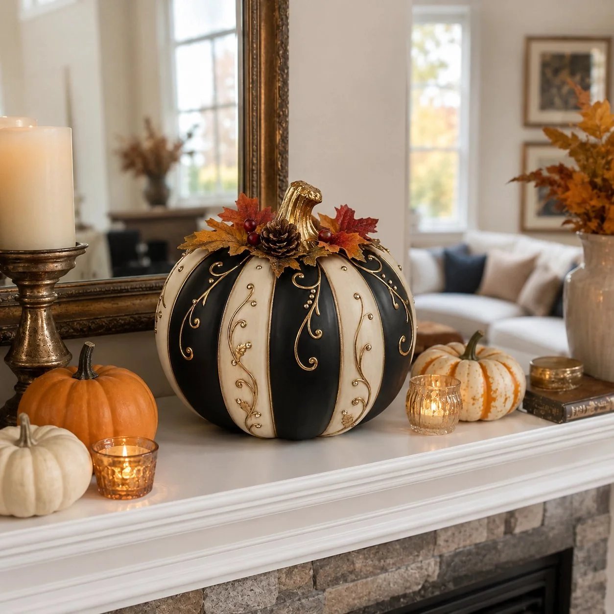 🎉Lighted Black & Ivory Pumpkin Decor with Remote