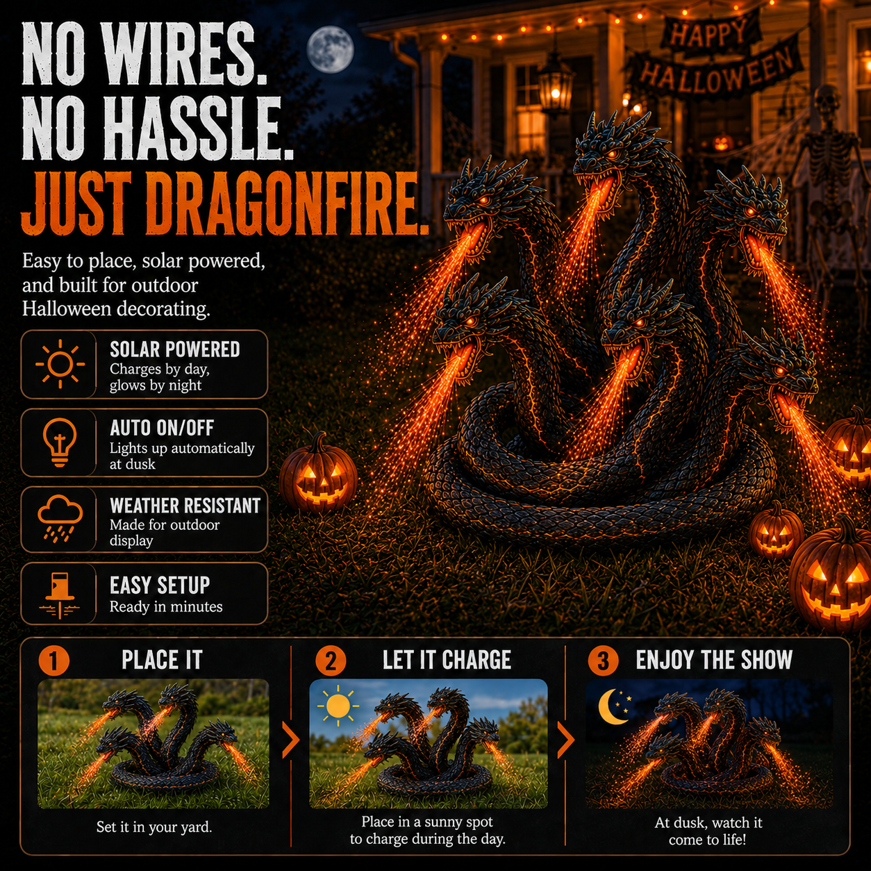 Solar powered Orochi Halloween outdoor garden light setup