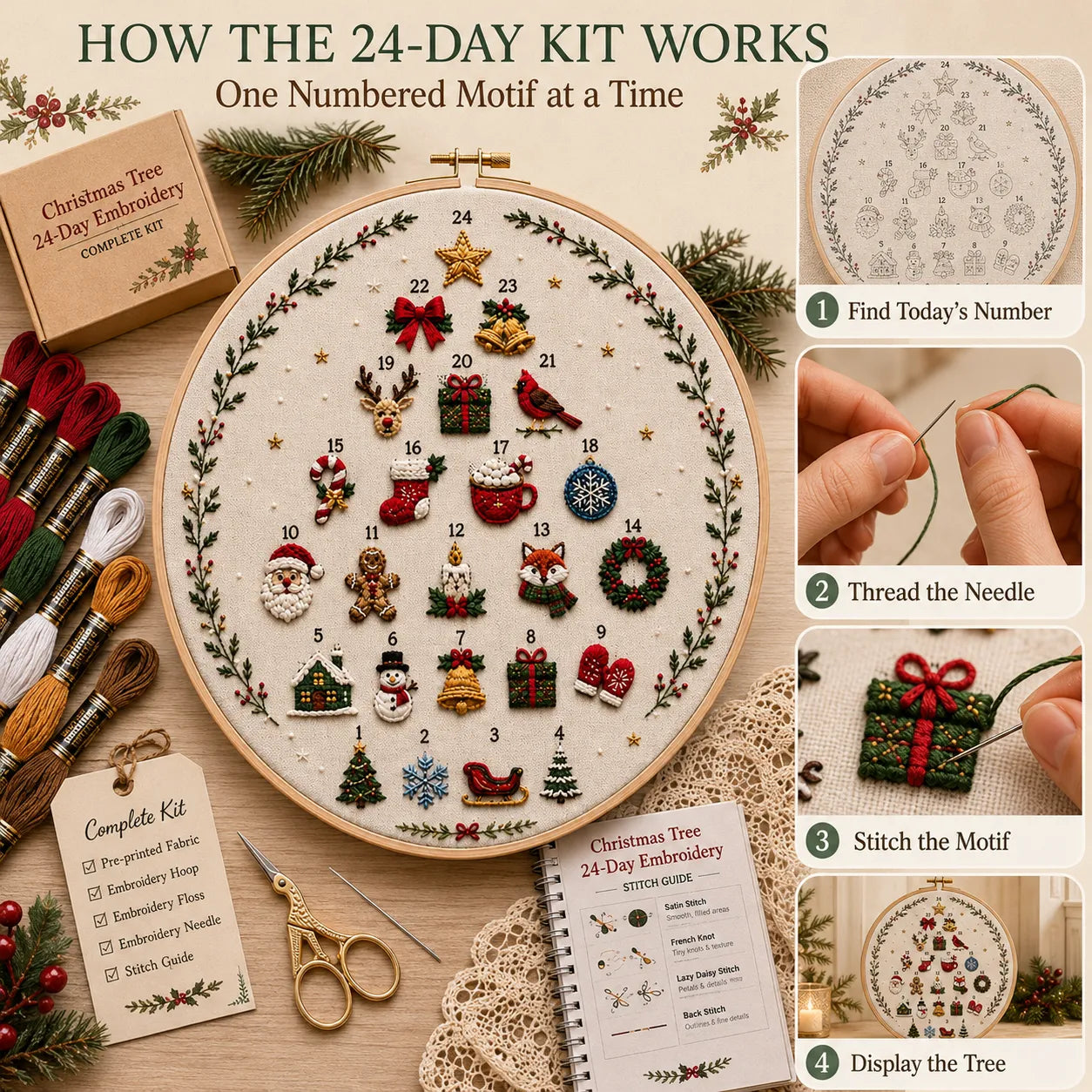 🔥Last day with huge discounts!🎄Beginner-Friendly 24-Day Christmas Tree Embroidery Kit | Complete DIY Set with Pre-Printed Fabric, Hoop, Floss, Needle & Stitch Guide Included 💕