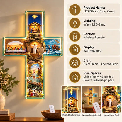 ✨Hot Sale – 49% OFF✝️ His Story Cross – 3D Biblical Wall Cross with 6 Sacred Scenes | Lighted & Classic Options