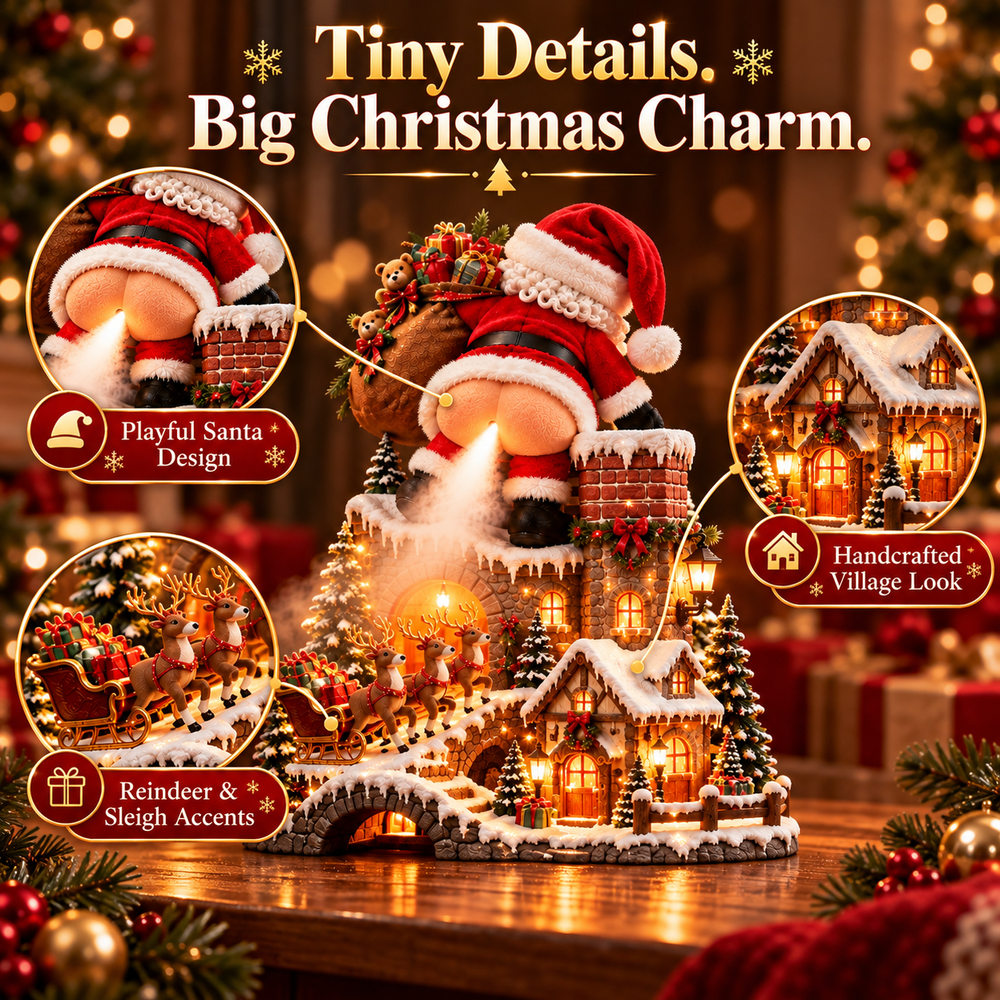 Close-up details of reindeer sleigh, snow covered cottage and Santa decorations