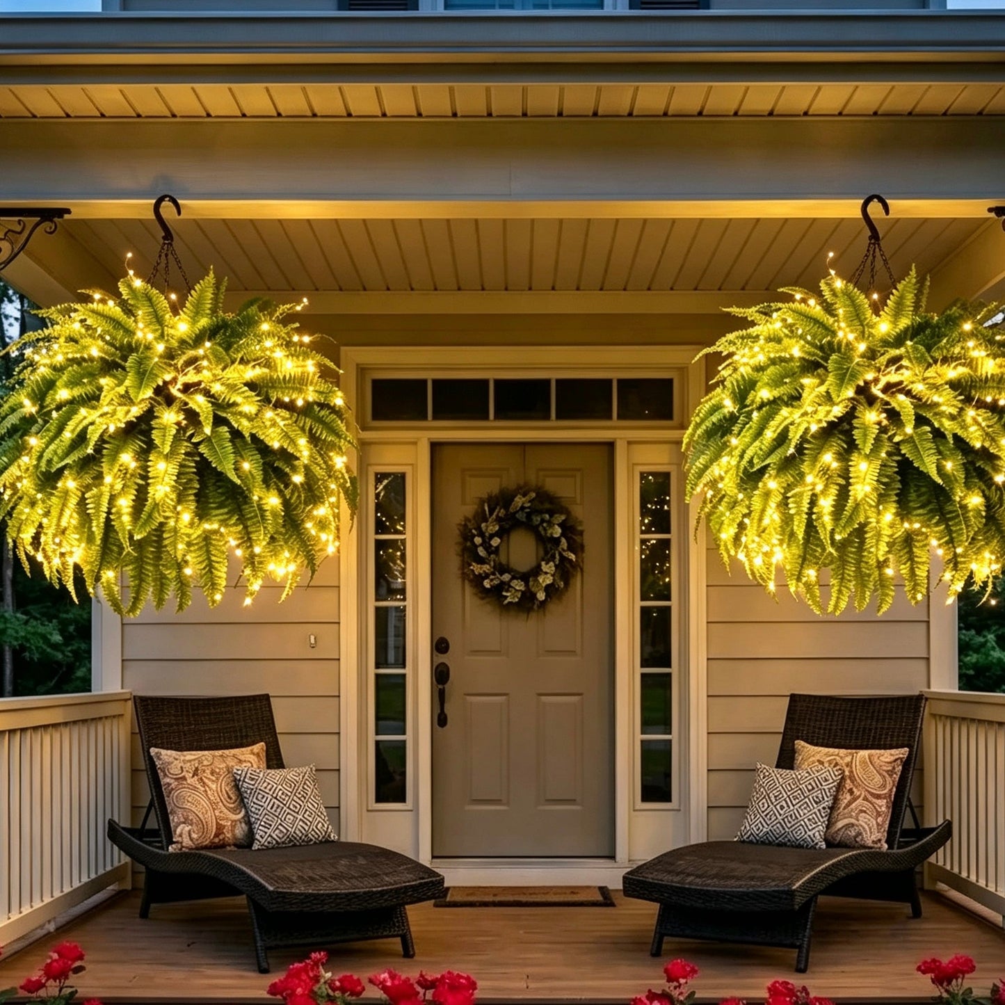 🌿 Lighted Boston Fern Hanging Basket – Lush No-Water Greenery with Warm Lights
