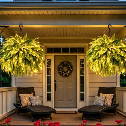 🌿 Lighted Boston Fern Hanging Basket – Lush No-Water Greenery with Warm Lights