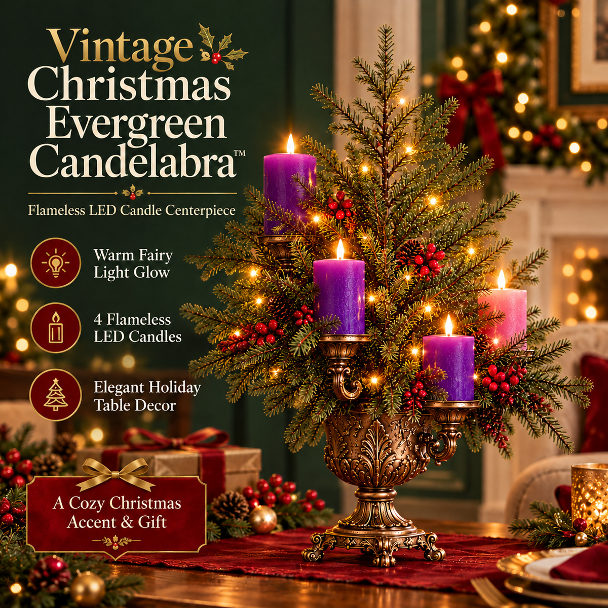 Vintage Christmas Evergreen Candelabra