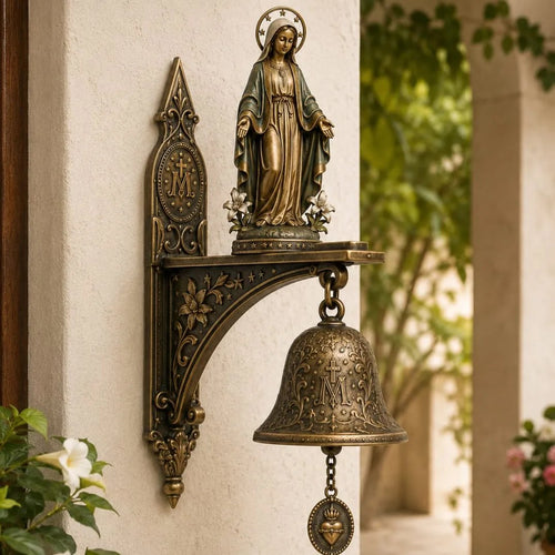 ✨Our Lady of Grace Bronze Miraculous Medal Wall Bell | 🙏Catholic Religious Home & Garden Decor"