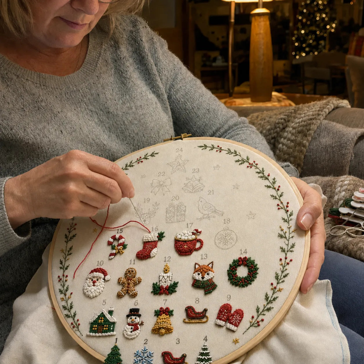 🔥Last day with huge discounts!🎄Beginner-Friendly 24-Day Christmas Tree Embroidery Kit | Complete DIY Set with Pre-Printed Fabric, Hoop, Floss, Needle & Stitch Guide Included 💕