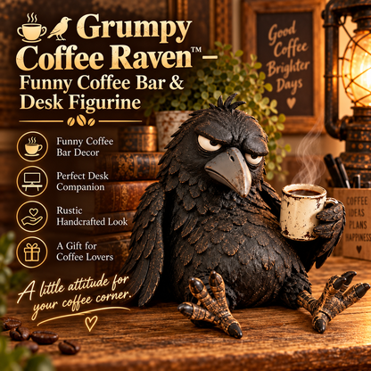 ☕🐦‍⬛ Grumpy Coffee Raven™ – Funny Coffee Bar & Desk Figurine