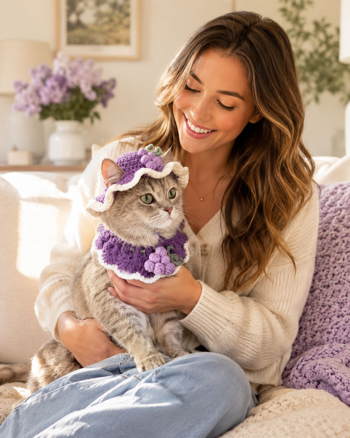 Woman holding cat wearing crochet outfit