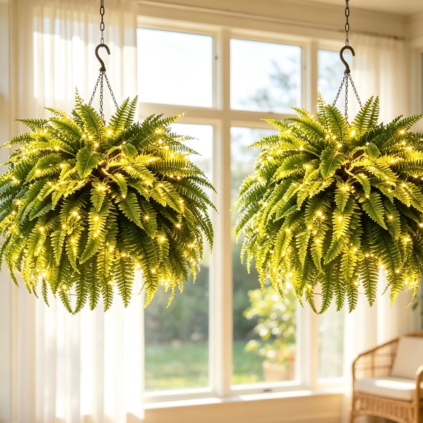 🌿 Lighted Boston Fern Hanging Basket – Lush No-Water Greenery with Warm Lights