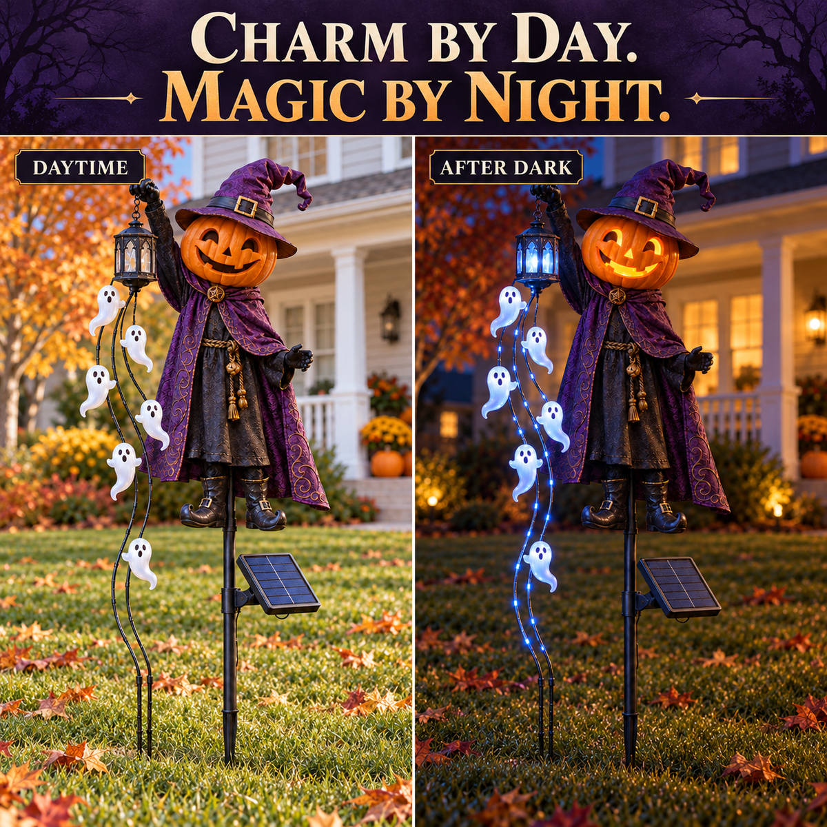 Side-by-side daytime and after-dark views of the pumpkin wizard and glowing ghost cascade in a garden