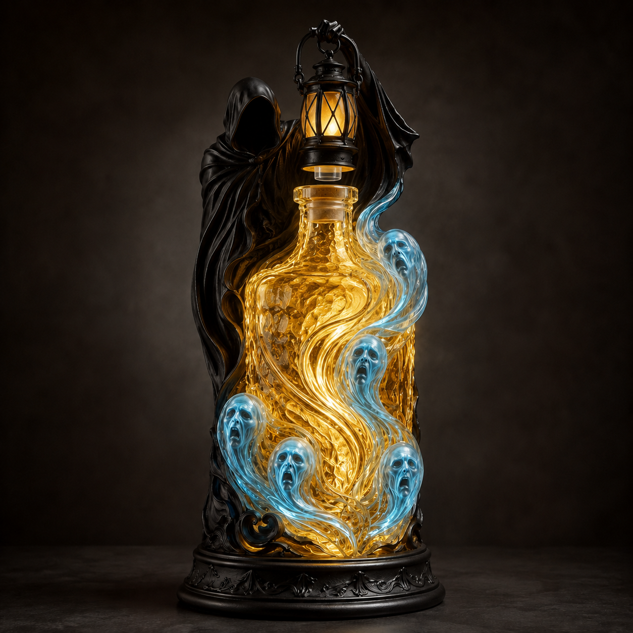 Soul Harvester golden whiskey decanter with lantern stopper and five blue spirits