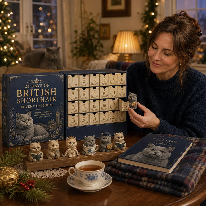 🎄✨3D Sculpted British Shorthair Blind Box – 24-Day Festive Countdown, Collectible Miniatures – Gift for Cat Lovers