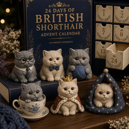 🎄✨3D Sculpted British Shorthair Blind Box – 24-Day Festive Countdown, Collectible Miniatures – Gift for Cat Lovers