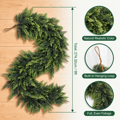 Selova Cedar Garland 9 ft length with hanging loop and foliage details