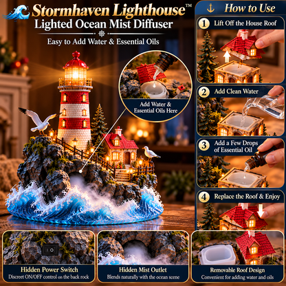 🌊 Stormhaven Lighthouse™ – Lighted Ocean Mist Diffuser | A Glowing Coastal Escape of Waves, Warmth & Wonder