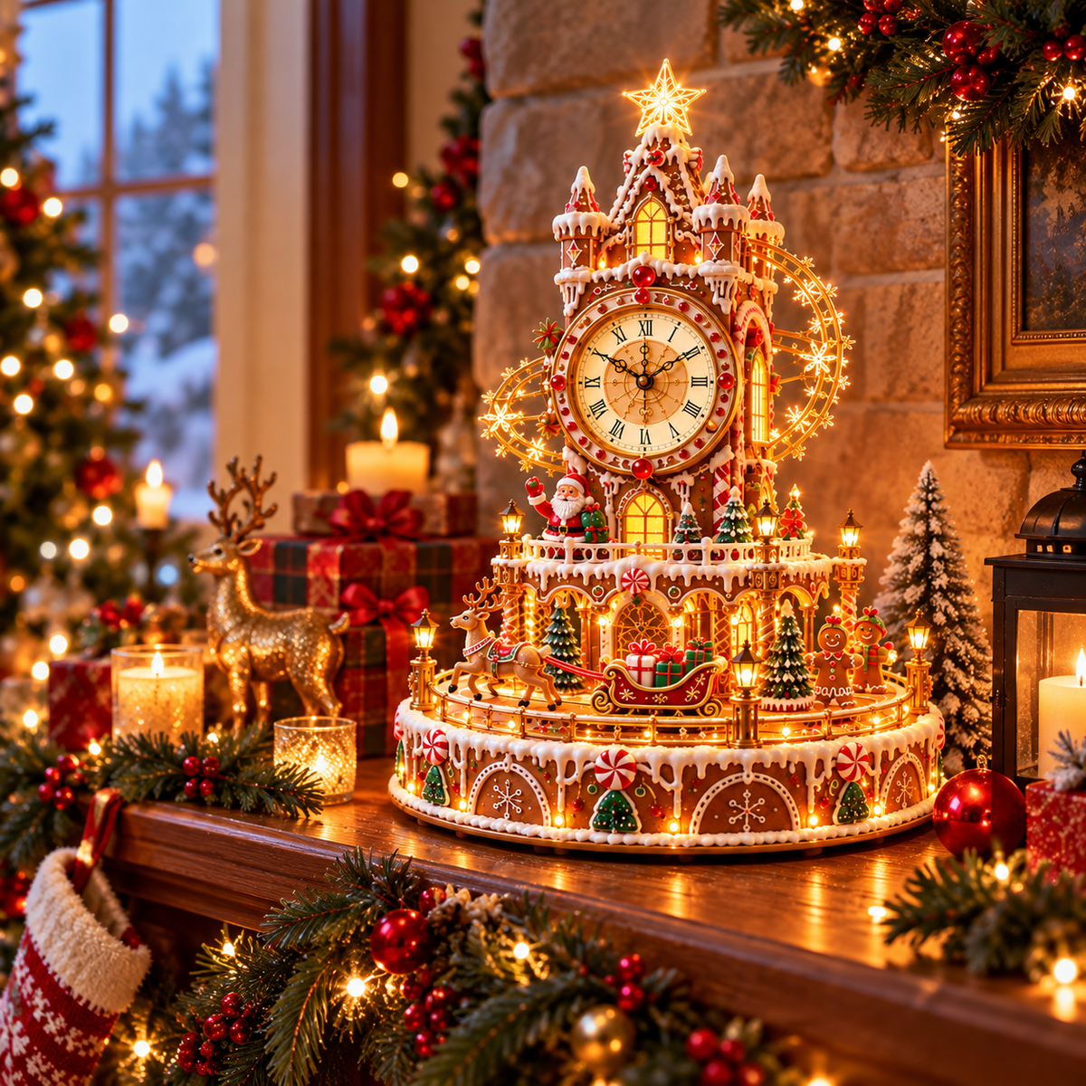 Christmas Gingerbread Castle displayed on a festive fireplace mantel