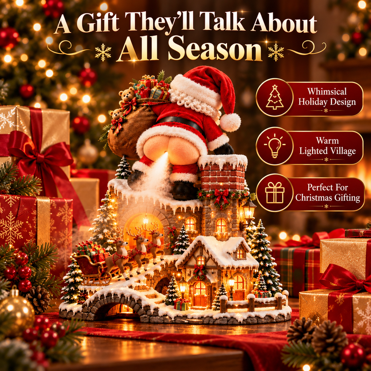 Santa Christmas village mist diffuser displayed with wrapped Christmas presents