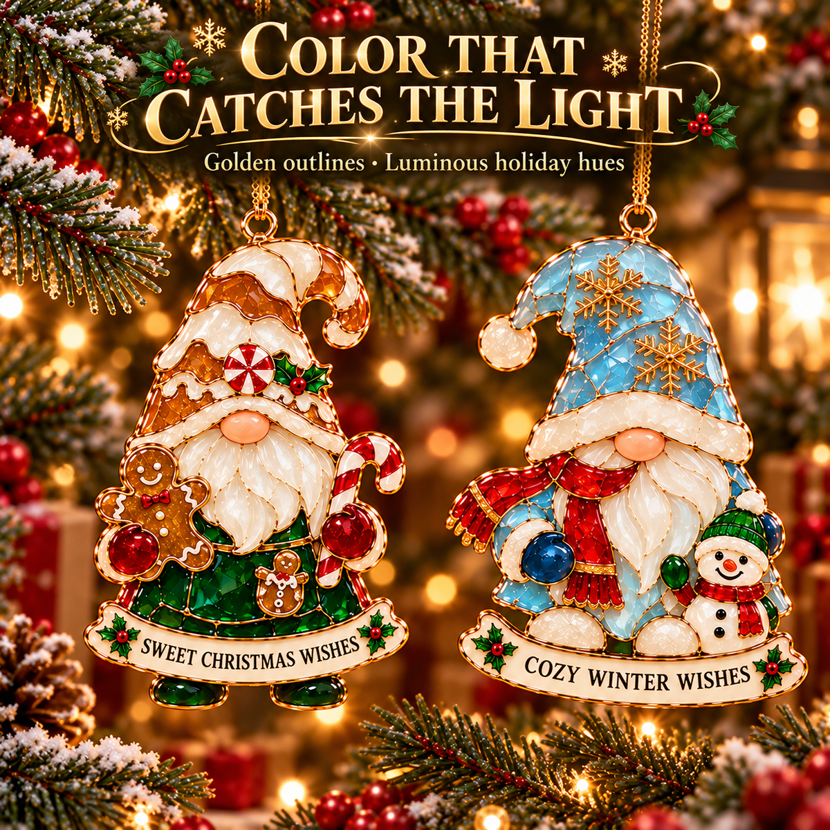 Gingerbread and snowman gnome ornaments with stained glass-style colors and gold-tone outlines