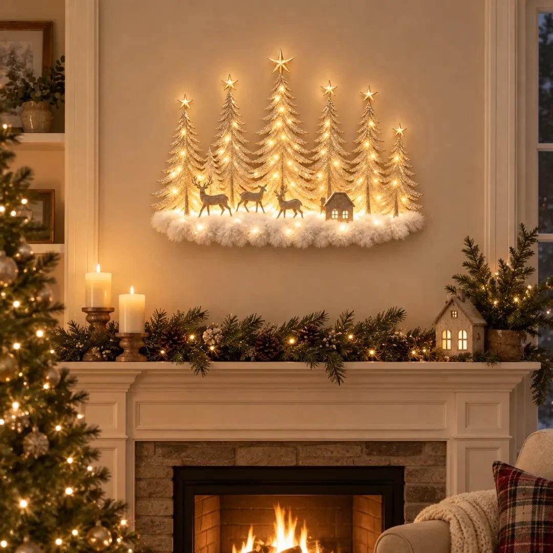 Lighted Christmas woodland forest wall decor above fireplace