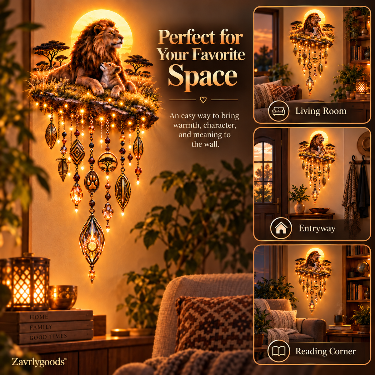 Lion and cub illuminated wall decor displayed in living room entryway and reading corner