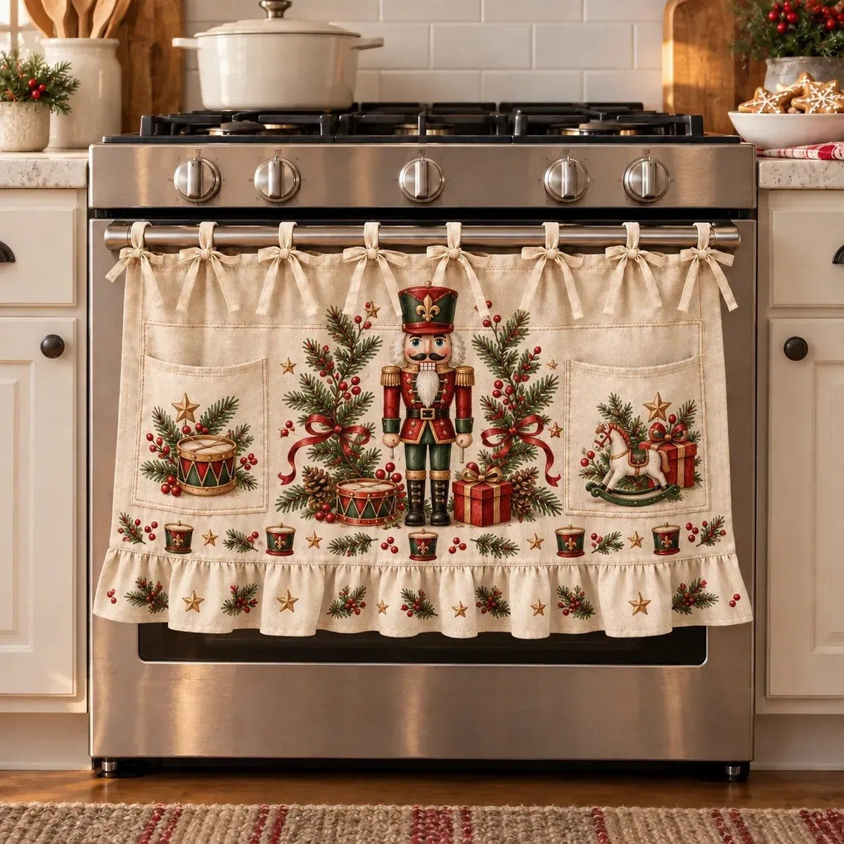 🎄 Christmas Kitchen Tie-On Skirt | Festive Holiday Designs with Pockets & Ruffled Trim