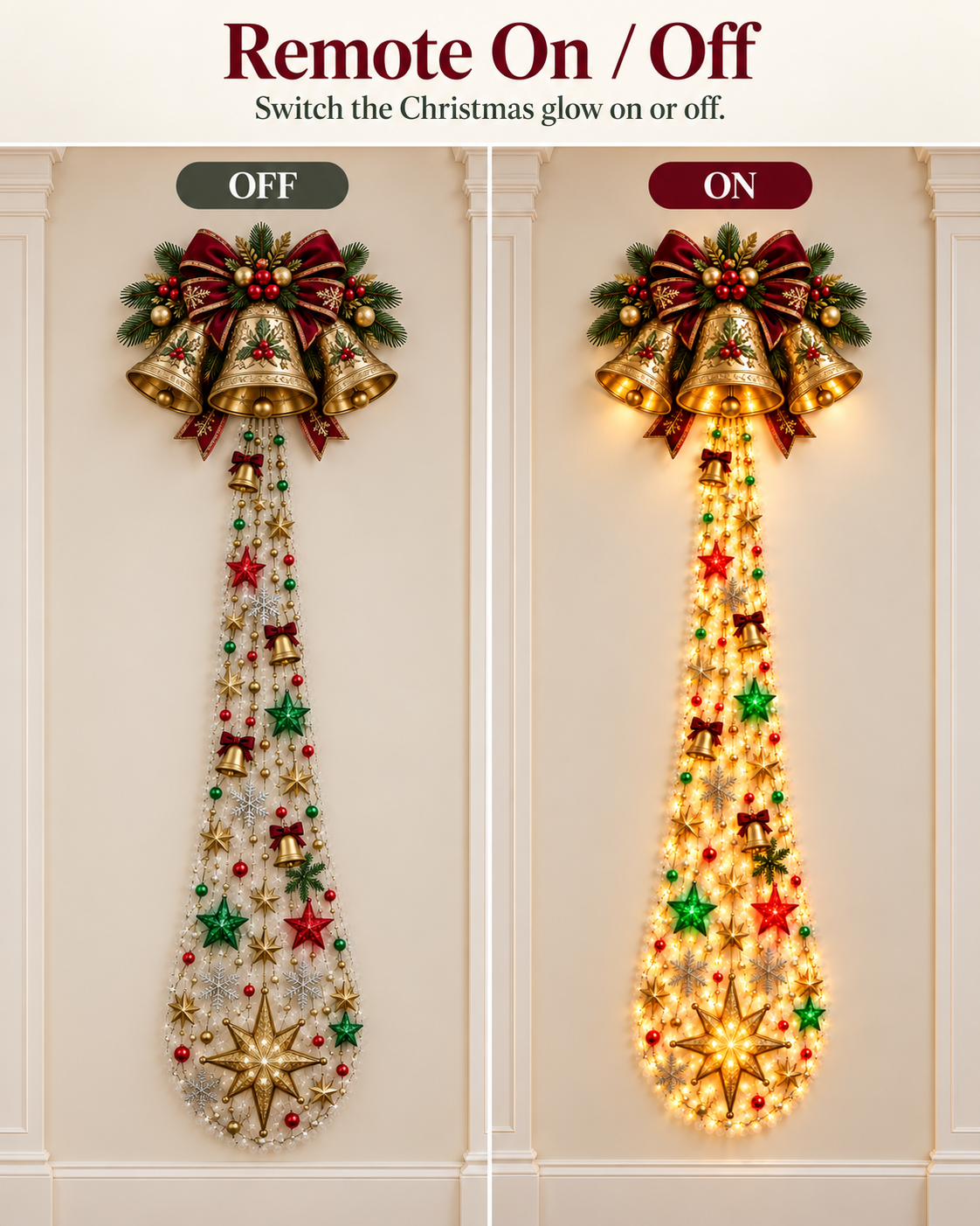 Christmas Bells wall light shown with its lights switched off and on to illustrate remote on and off control