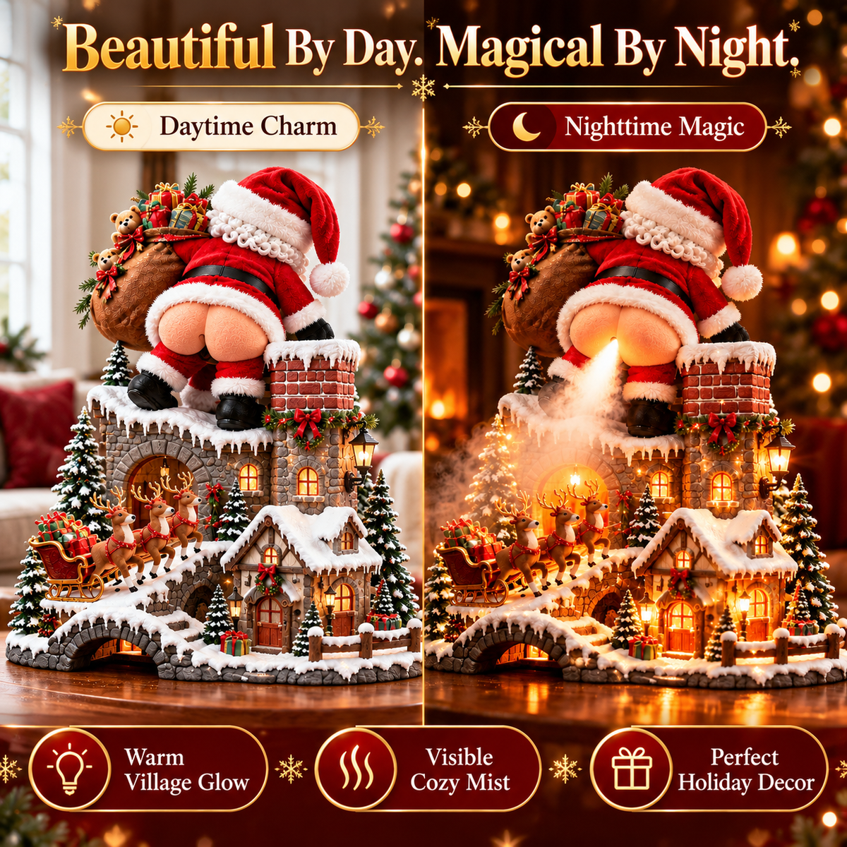 Day and night comparison of the illuminated Santa Christmas village