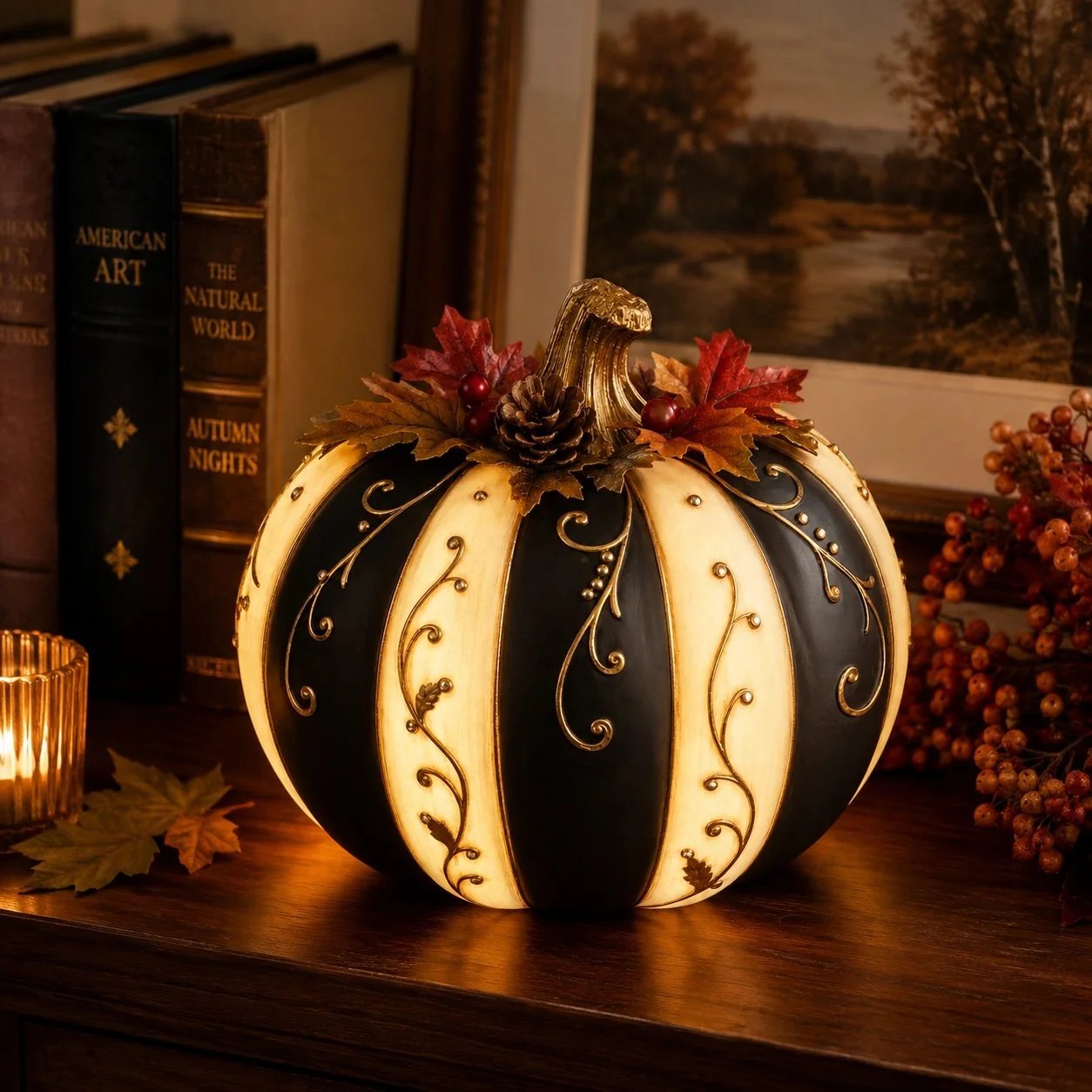 🎉Lighted Black & Ivory Pumpkin Decor with Remote