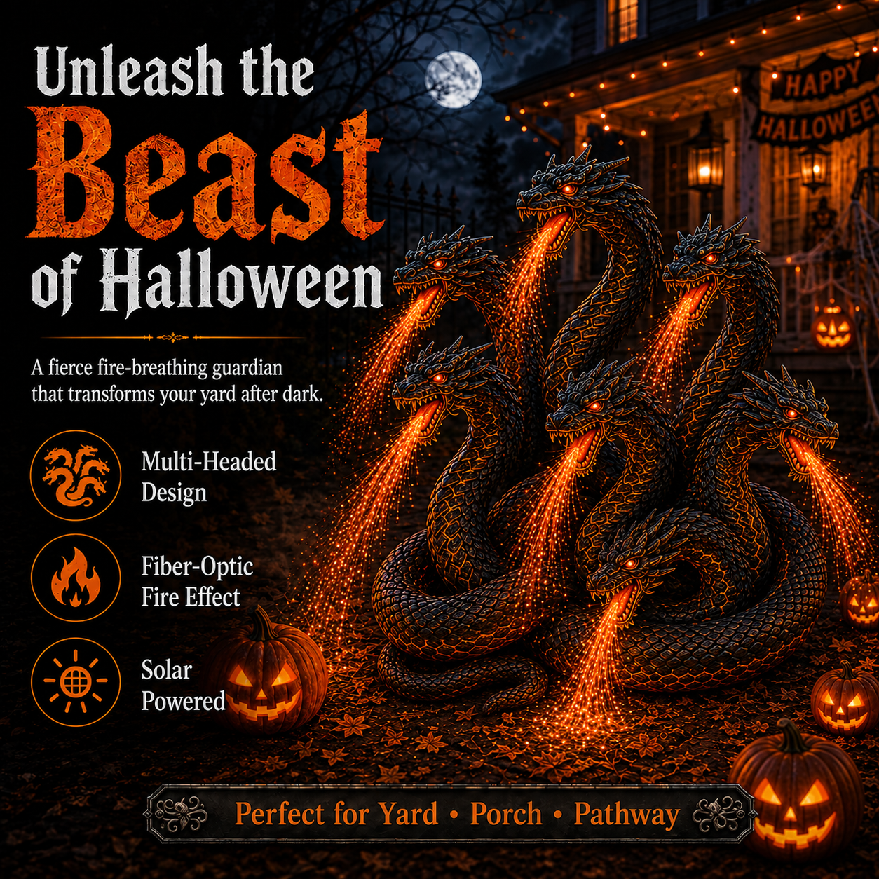 🎃 Fire-Breathing Orochi Solar Garden Light – Epic Multi-Headed Dragon Halloween Decor