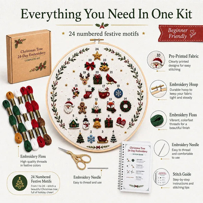 🔥Last day with huge discounts!🎄Beginner-Friendly 24-Day Christmas Tree Embroidery Kit | Complete DIY Set with Pre-Printed Fabric, Hoop, Floss, Needle & Stitch Guide Included 💕