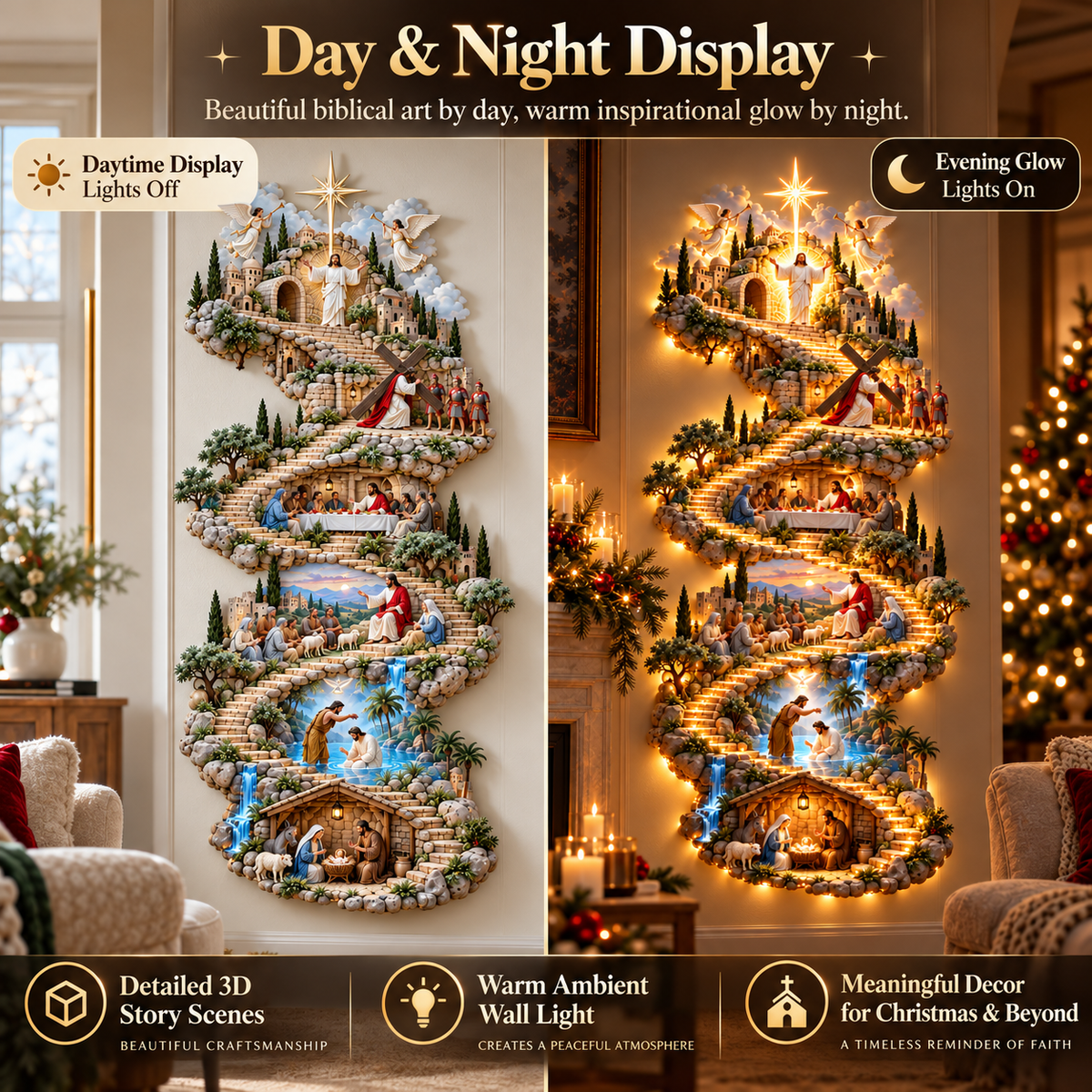 Day and night comparison of the lighted Jesus wall art