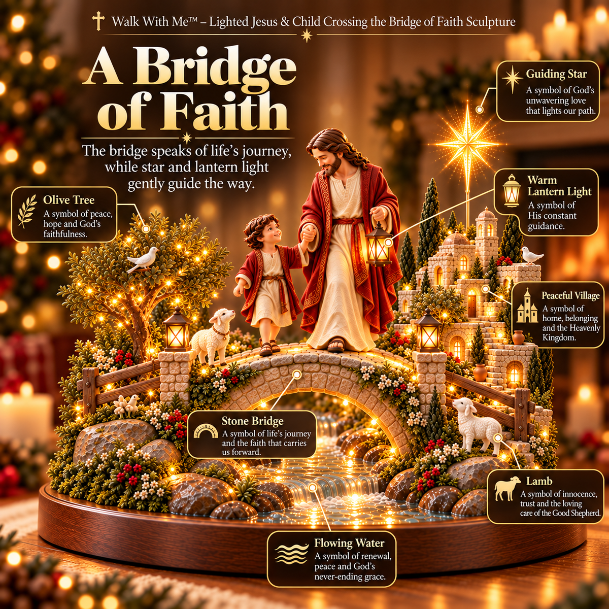 ✝️ Walk With Me™ – Lighted Jesus & Child Crossing the Bridge of Faith Sculpture