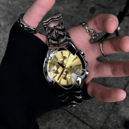 Sculptural Wave-Link Chronograph Watch – 43mm Integrated Steel Bracelet