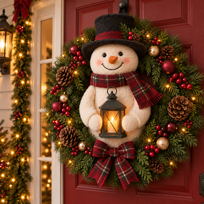 🎄 Christmas Sale | Light-Up Snowman Wreath with Lantern – Cozy Holiday Door Décor