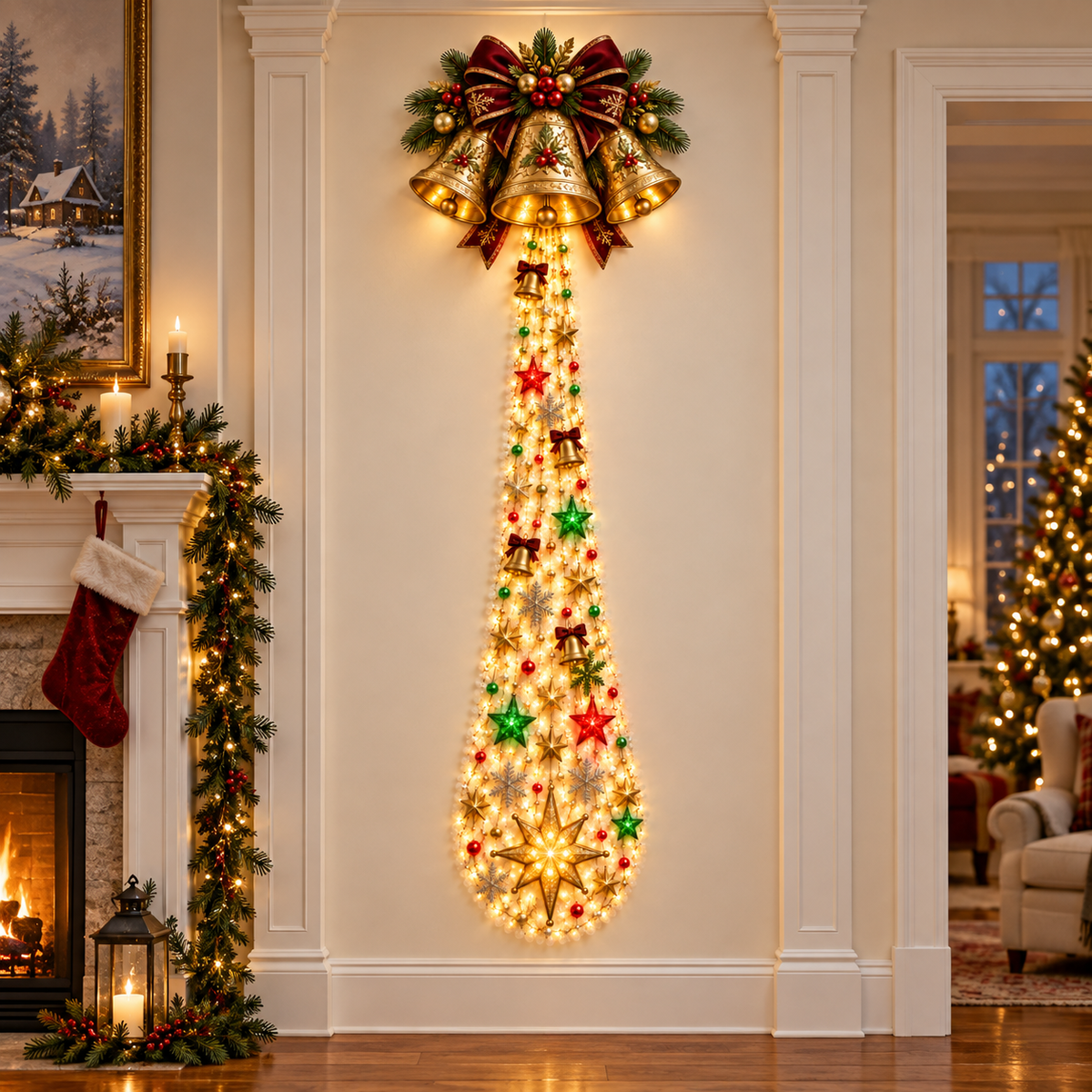 Golden Christmas Bells cascade wall light on an ivory wall next to a decorated mantel and sitting area