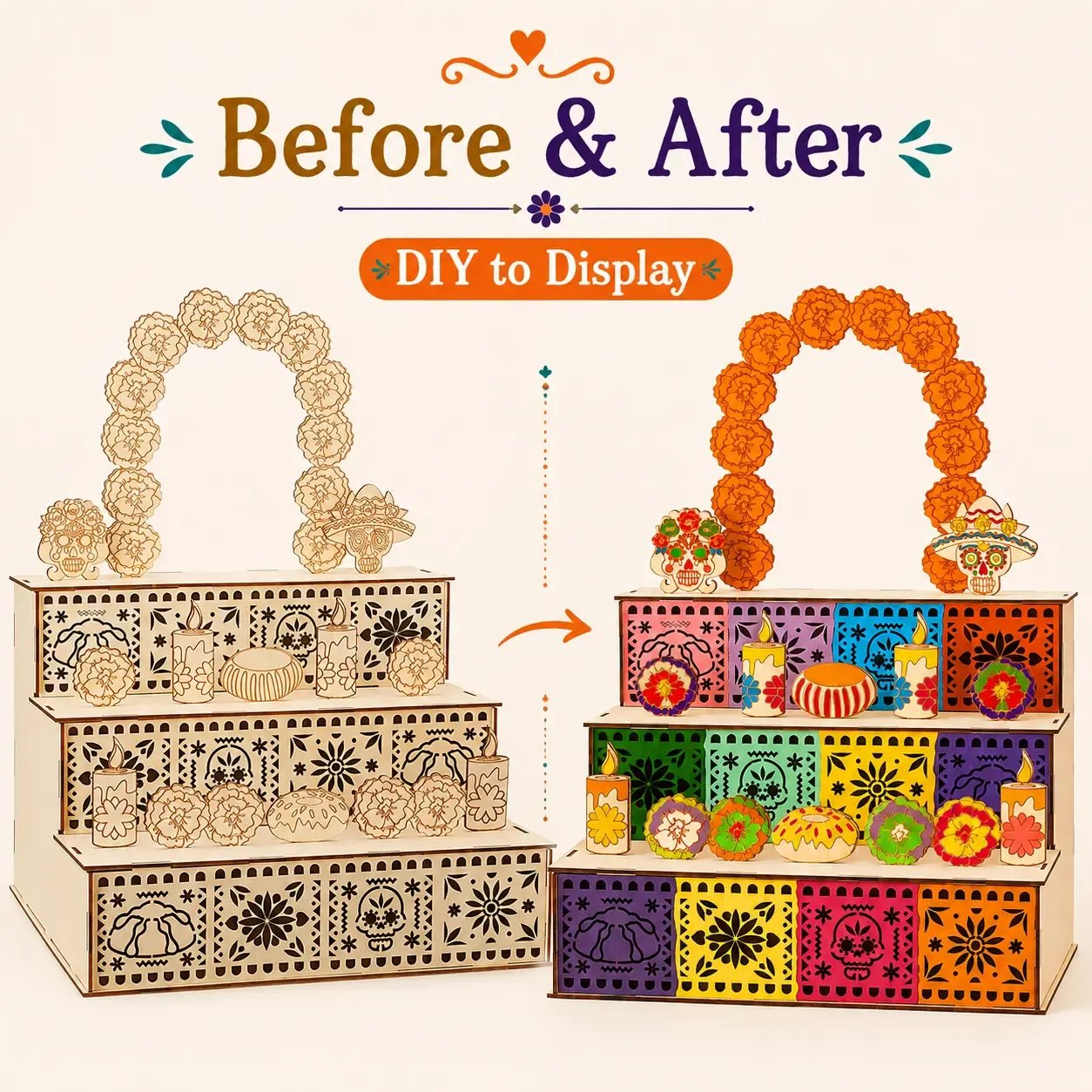 🔥Last day with huge discounts!-✨🌈Mexican Day of the Dead Wooden Altar Display Set 🎃