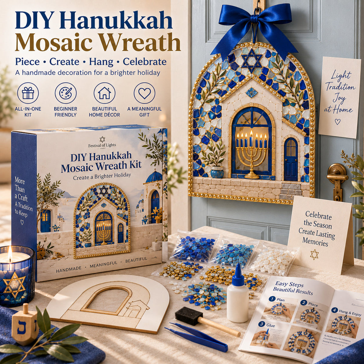 🔥Hot Sale - 50% OFF🔥🕎 DIY Hanukkah Mosaic Wreath Kit – 6 Festive Designs for Holiday Home Décor