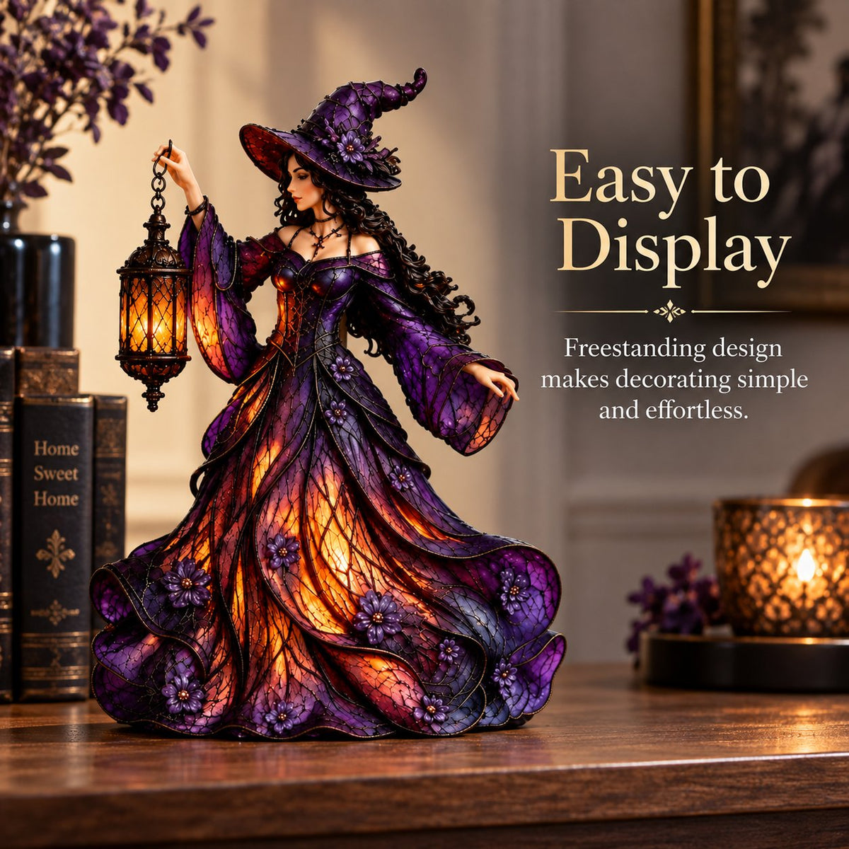 🧙‍♀️ Enchanted Gothic Witch Lantern™ – Lighted Halloween Figurine for Mantel & Home Decor