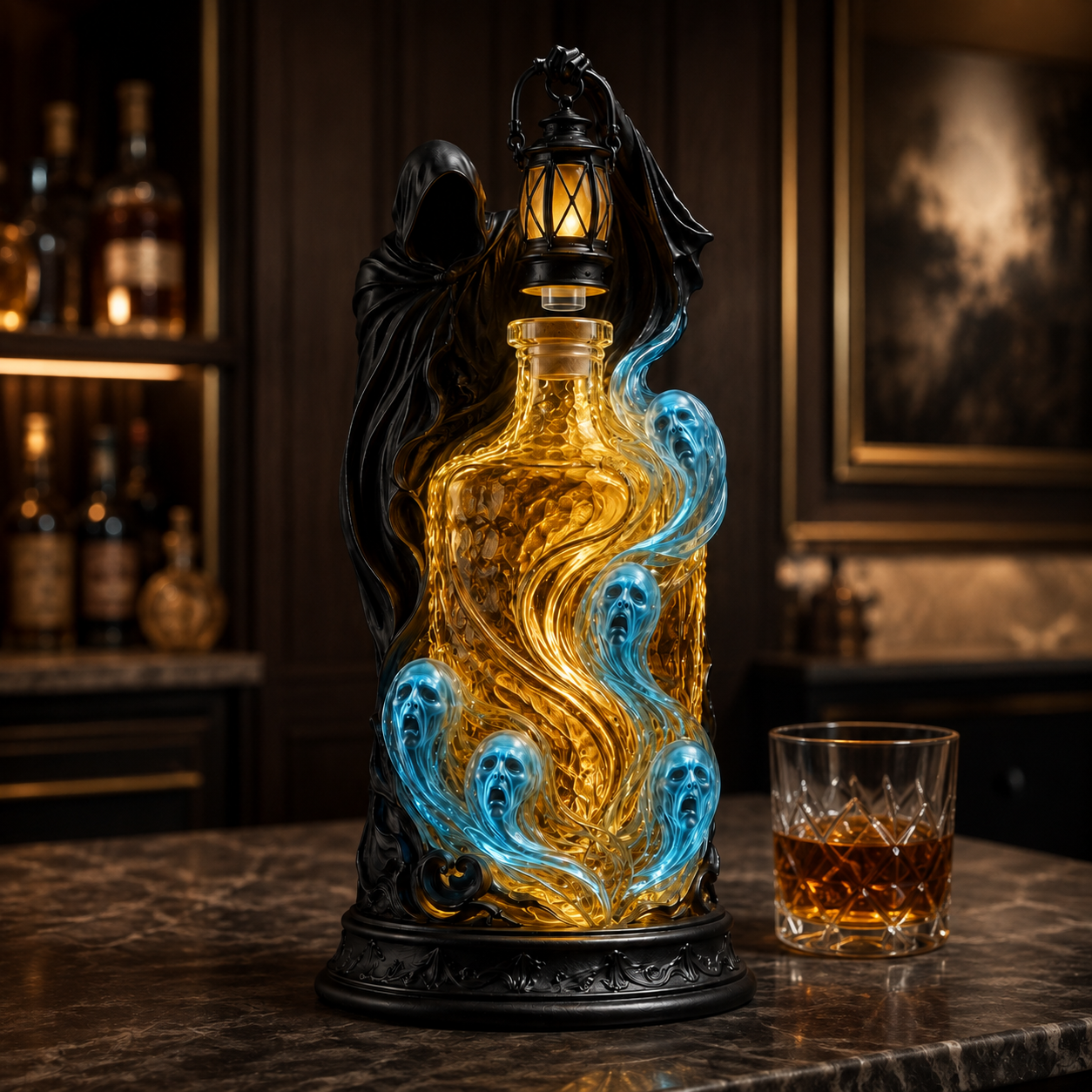 Soul Harvester decanter displayed in an upscale American home bar