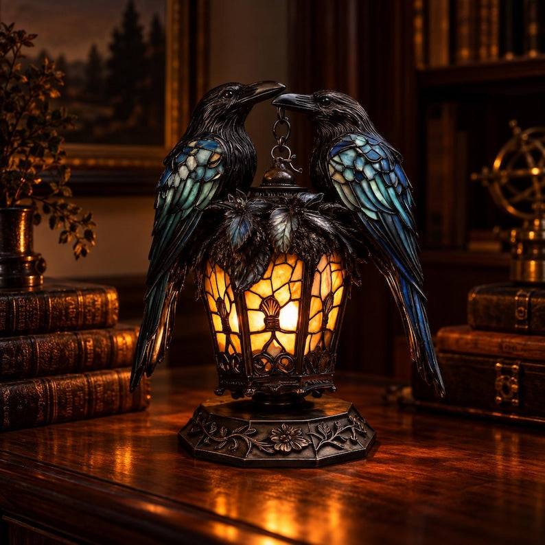 Gothic Stained-Glass Raven Lantern