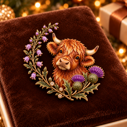 🐮Highland Spirit™ – Scottish Cow & Thistle Heritage Brooch