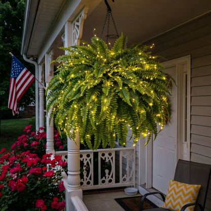 🌿 Lighted Boston Fern Hanging Basket – Lush No-Water Greenery with Warm Lights