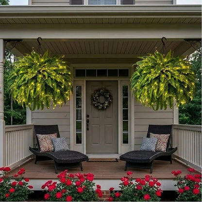 🌿 Lighted Boston Fern Hanging Basket – Lush No-Water Greenery with Warm Lights
