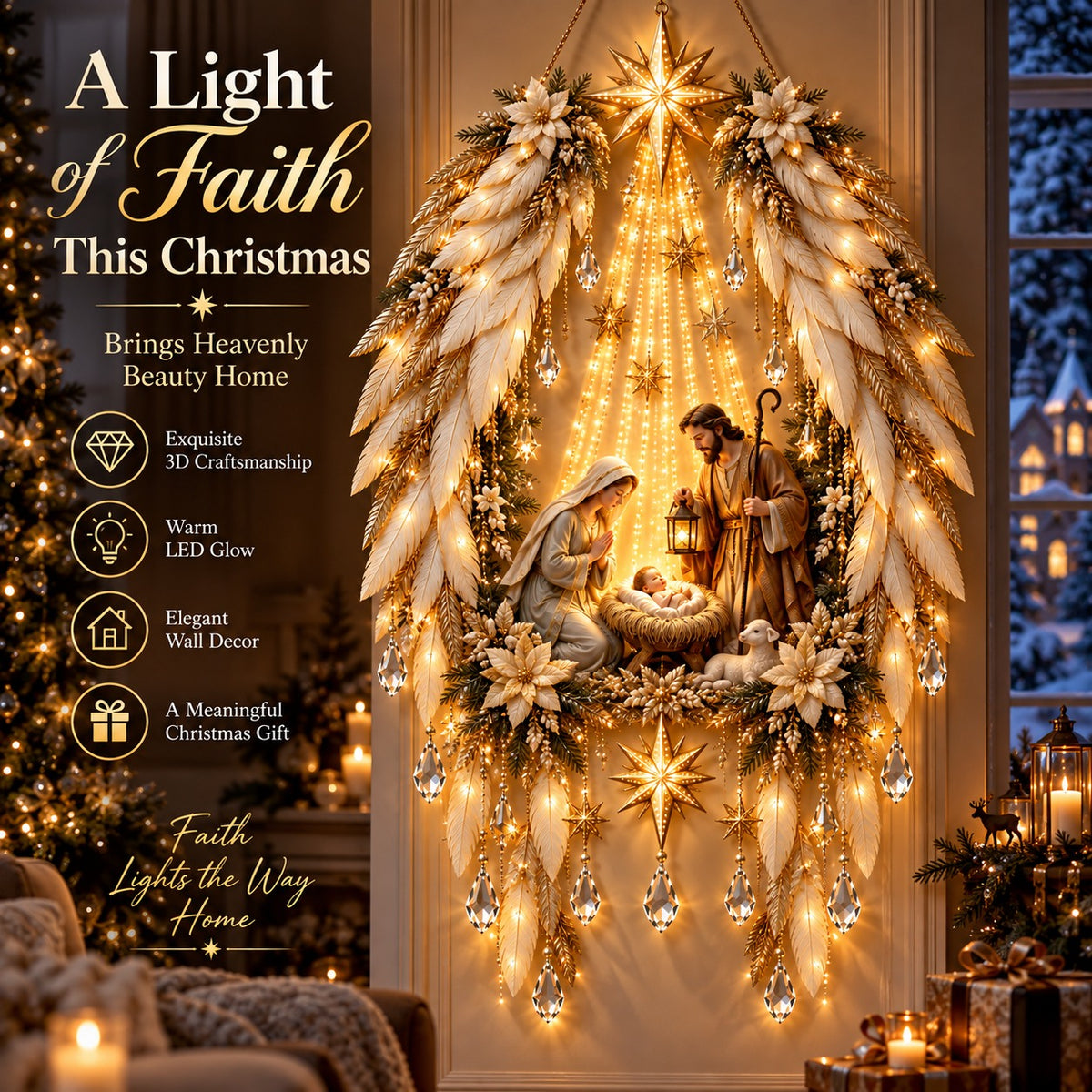 ✨ Heavenly Angel Wings Nativity Light™ – Bethlehem Star & Holy Family Christmas Wall Decor