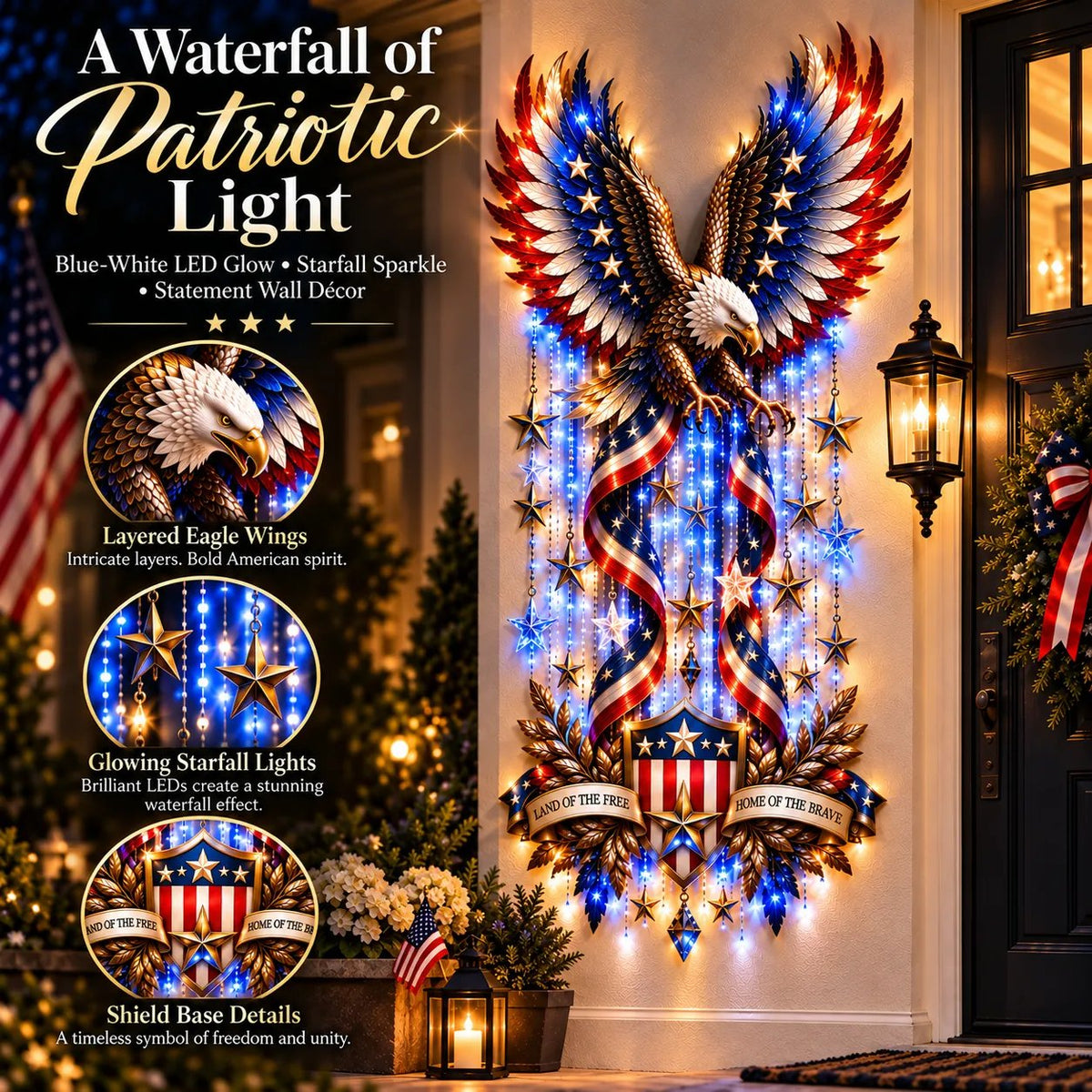 🦅 American Glory Cascade™ – Illuminated Eagle & Stars Patriotic Wall Decor