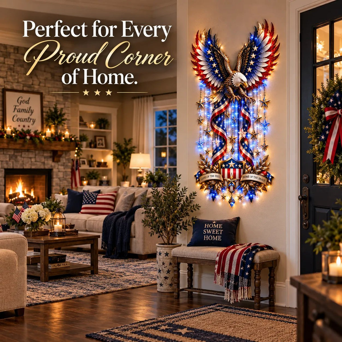 🦅 American Glory Cascade™ – Illuminated Eagle & Stars Patriotic Wall Decor