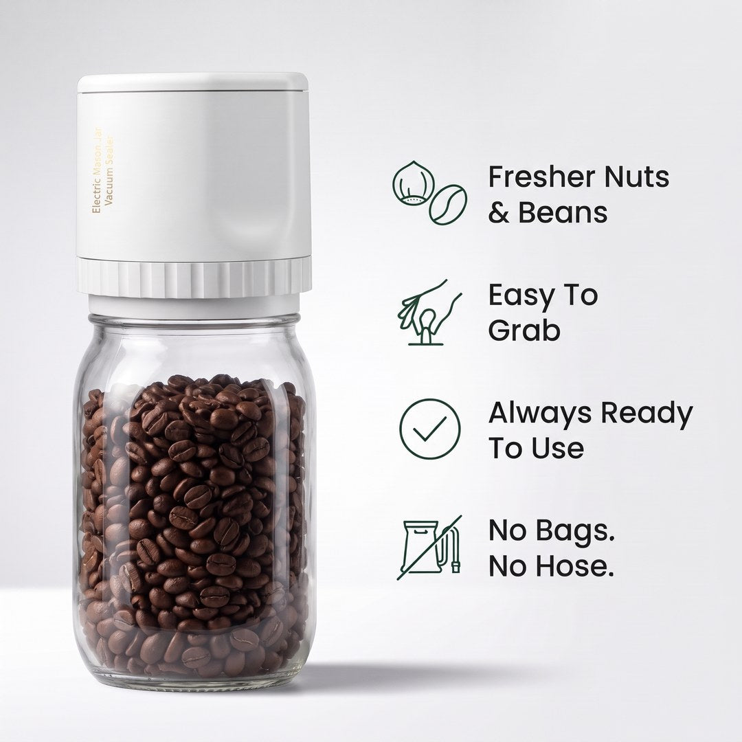 Mason jar vacuum sealer: fresher nuts and beans, easy to grab, always ready to use, no bags no hose