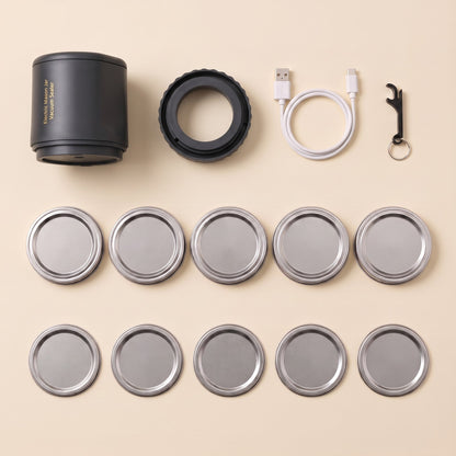 What's in the box, black: sealer, adapter ring, 10 lids, opener, USB cable